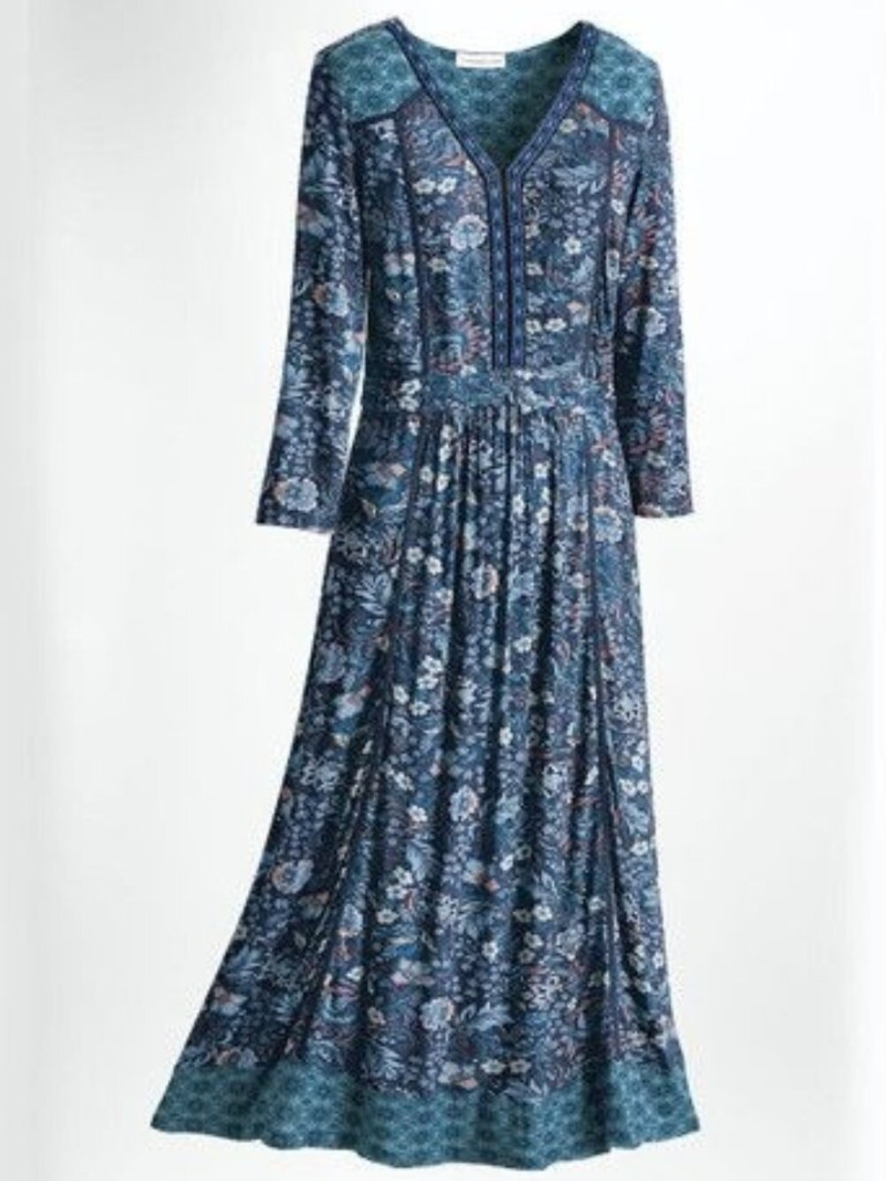 Coldwater Tale of Two Prints Boho Floral V-Neck Maxi Dress Long Sleeve, Size S